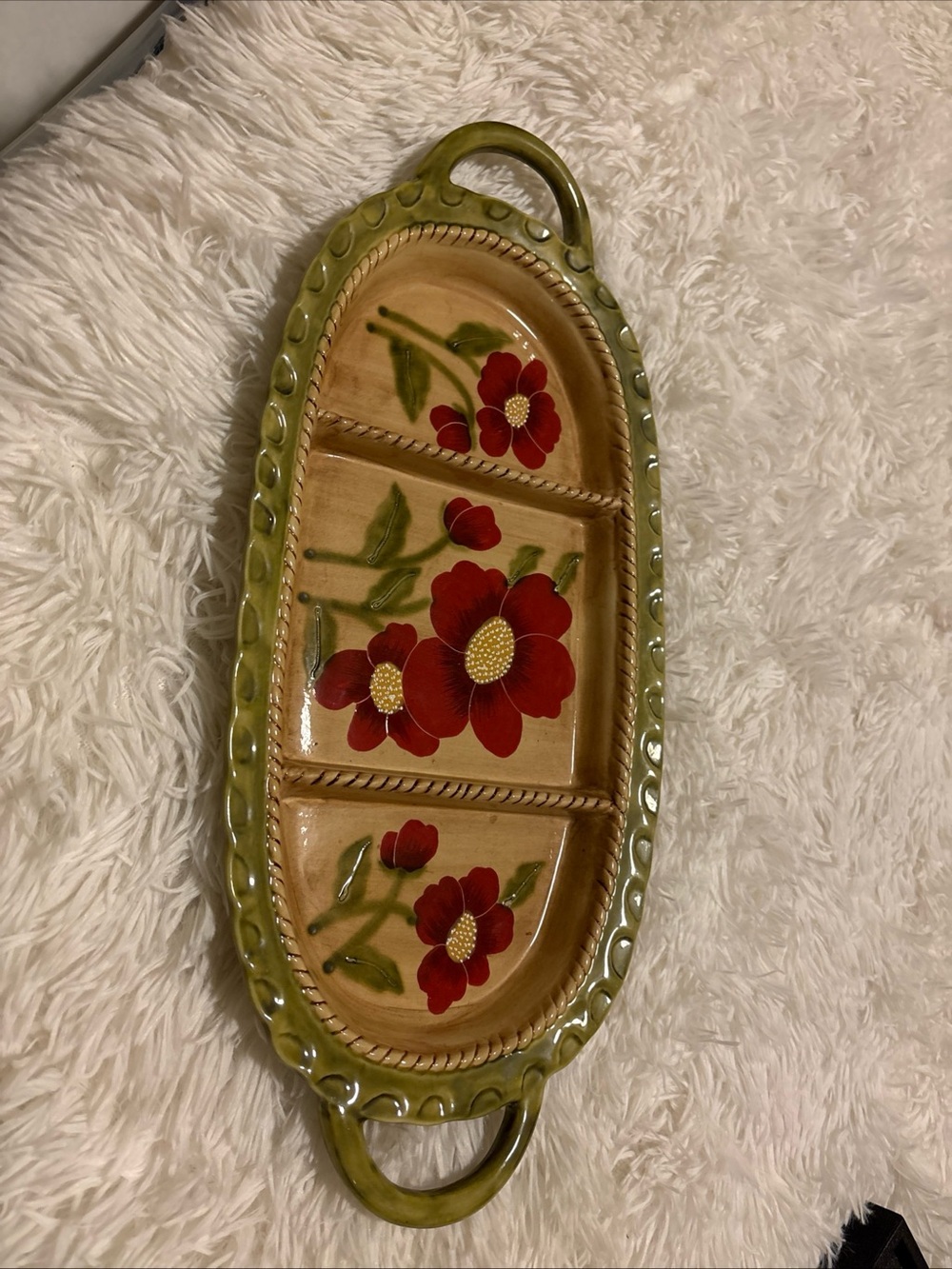 Hand-Painted Floral Ceramic Serving Tray - Red & Green